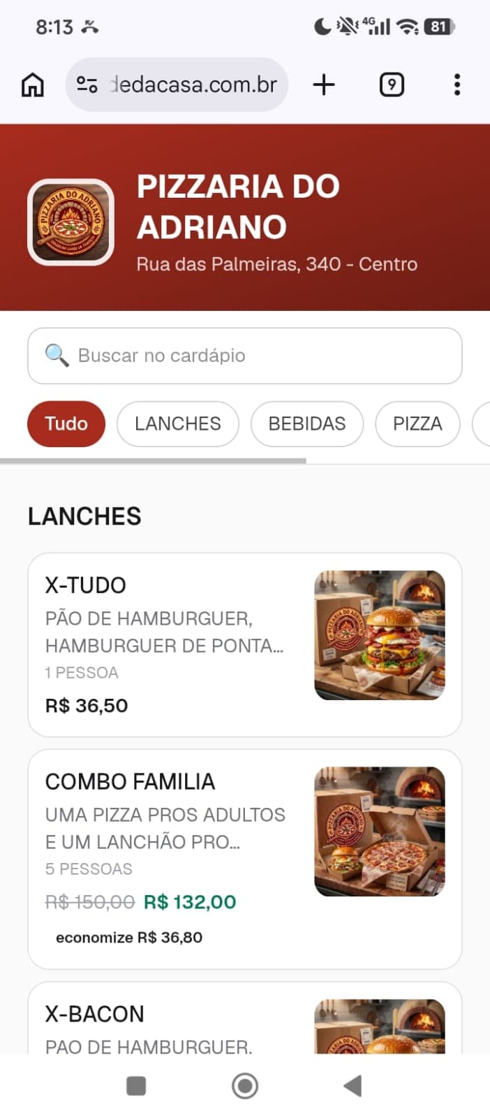 Página pública do cardápio aberta no navegador do celular