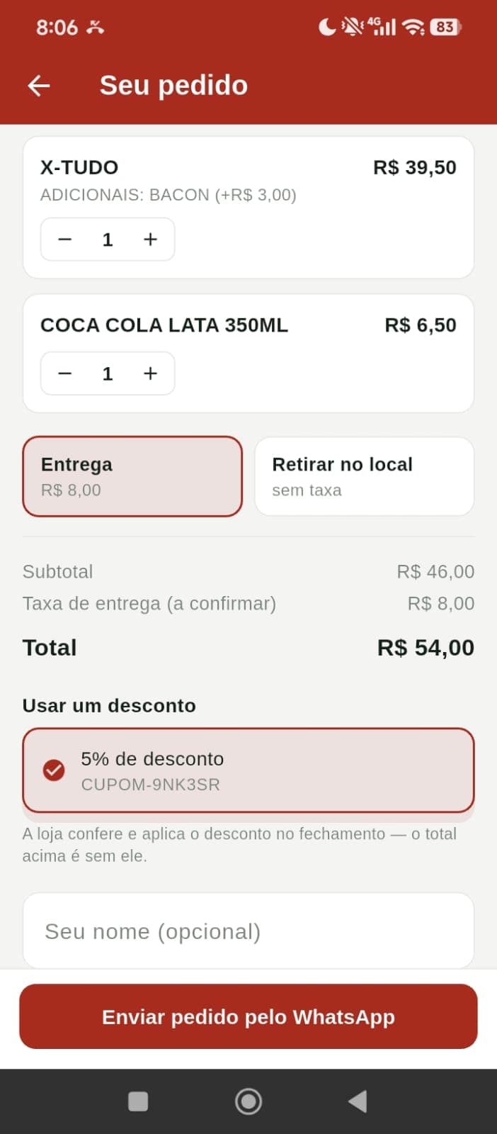 Carrinho de compras com um cupom de desconto já aplicado automaticamente